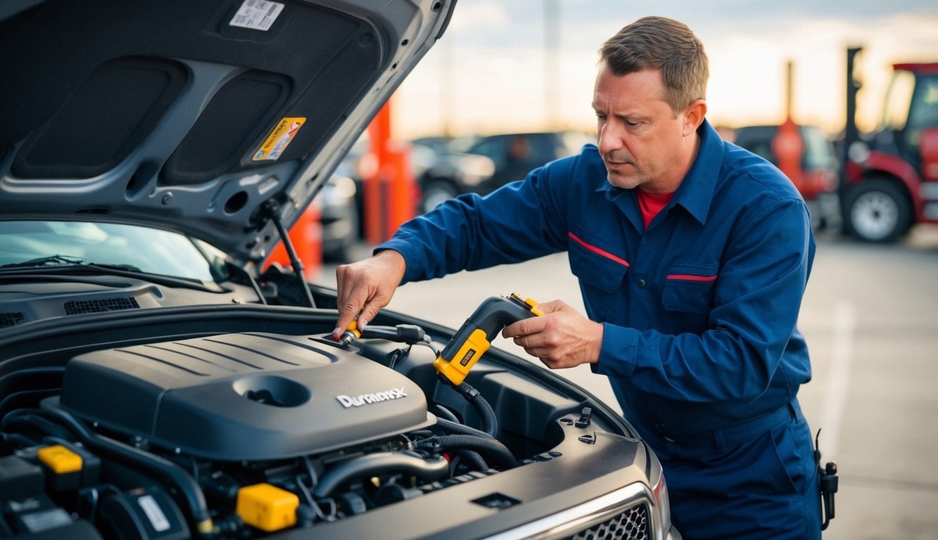 A mechanic diagnosing and repairing a Duramax engine with P2563 issues using diagnostic tools and equipment